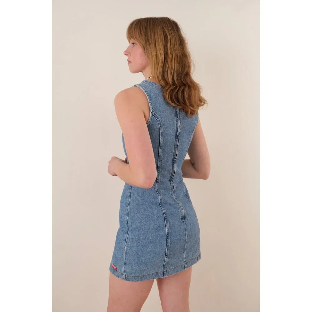 Vintage 90s Medium Wash Cotton Denim Paneled Sleeveless Mini Dress - Picture 3 of 8